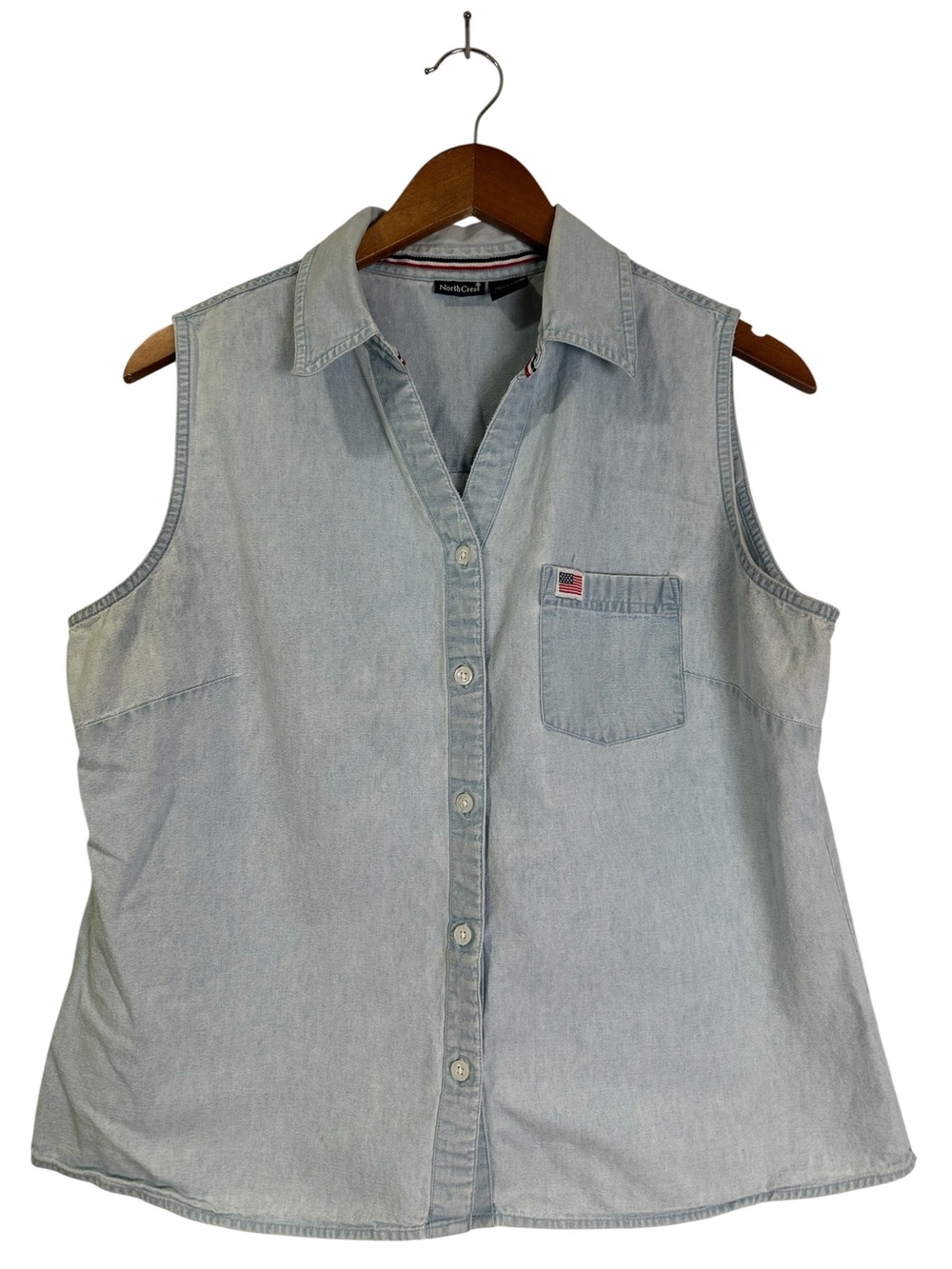 Vintage NorthCrest L Sleeveless Light Wash Denim American Flag Patch Button Top